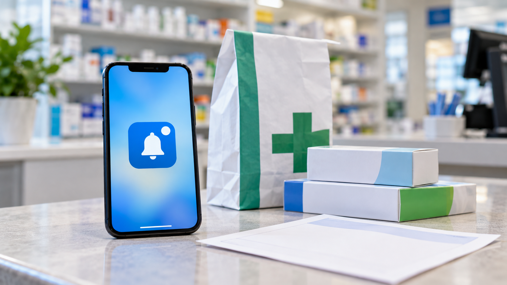 Smartphone on a pharmacy counter showing a bell notification icon beside a white bag with a green cross, and medicine boxes nearby.