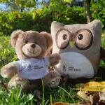 Two plush toys—a brown teddy bear and a gray owl—sit on sunlit grass among autumn leaves, wearing white shirts with a crest.