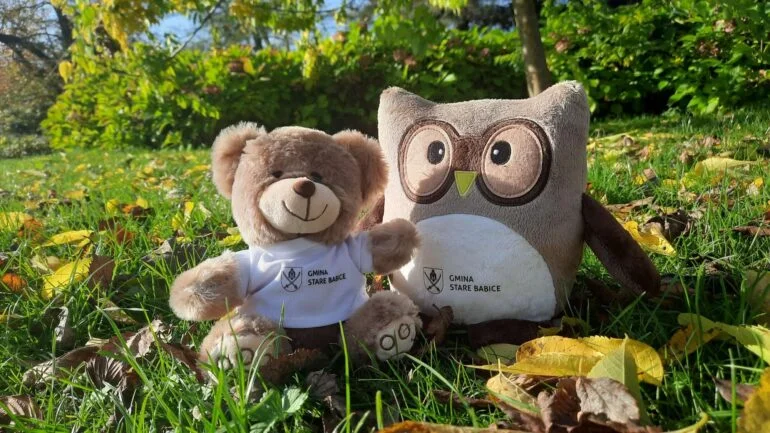 Two plush toys—a brown teddy bear and a gray owl—sit on sunlit grass among autumn leaves, wearing white shirts with a crest.