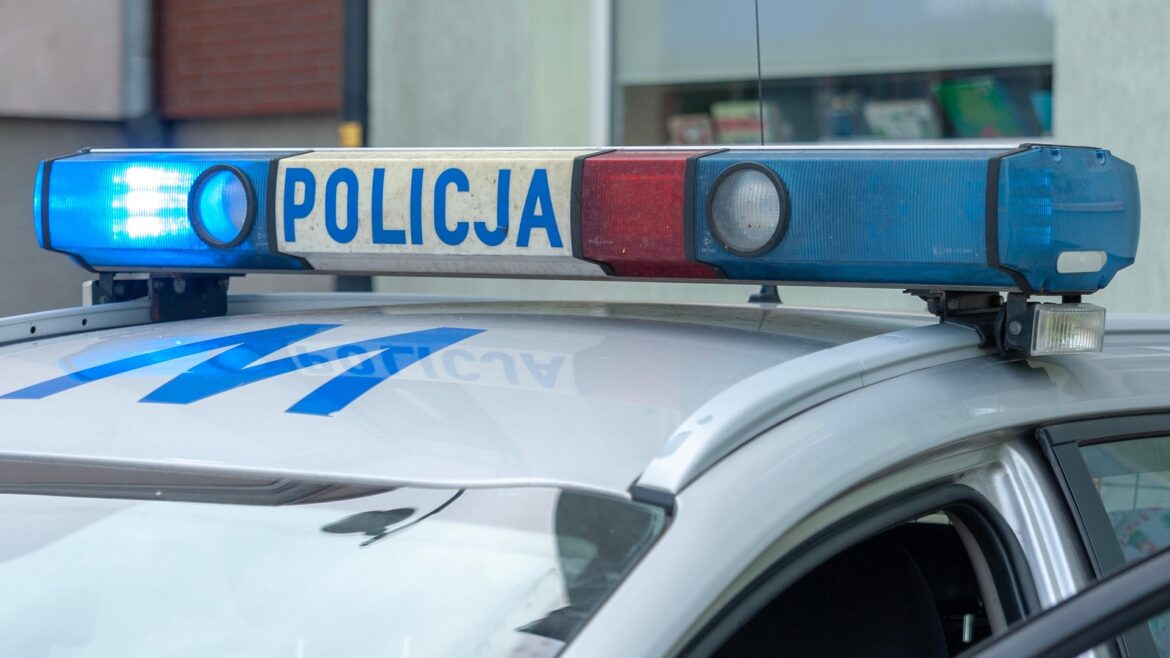 Polish police car roof with blue emergency lights flashing and POLICJA on the light bar.