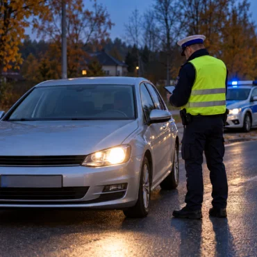 Police officer in a bright yellow vest checks a silver sedan at the roadside on a wet evening, with a police car and blue lights in the background.