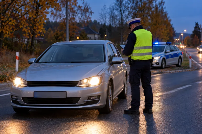 Police officer in a bright yellow vest checks a silver sedan at the roadside on a wet evening, with a police car and blue lights in the background.