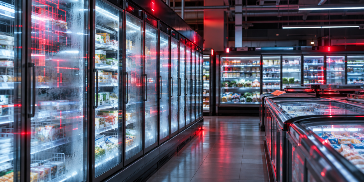 Lodówki i zamrażarki w supermarkecie po cyberataku na systemy chłodnicze we Francji