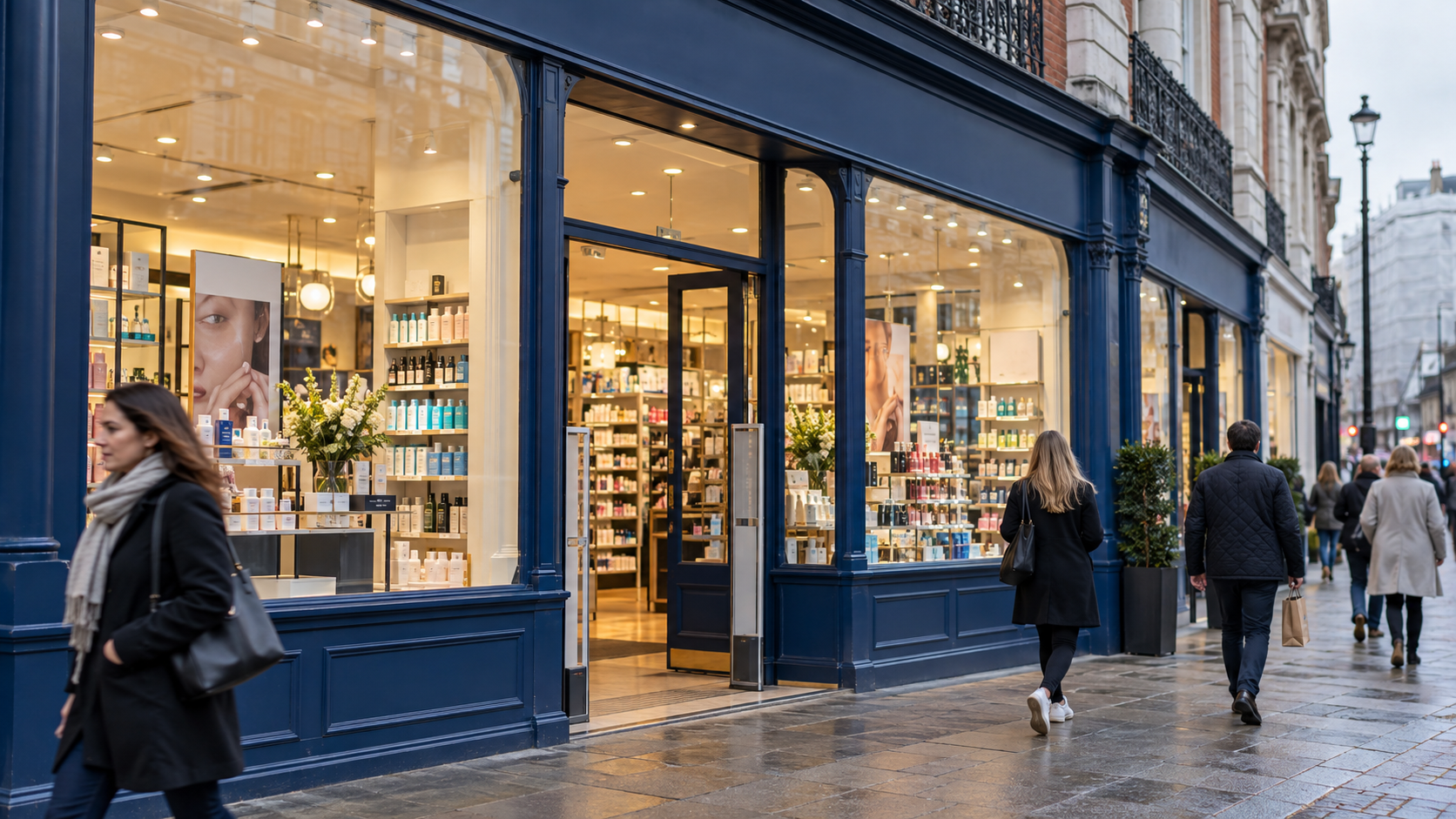 storefront with a blue façade displaying cosmetics inside, pedestrians walking on a wet city sidewalk.