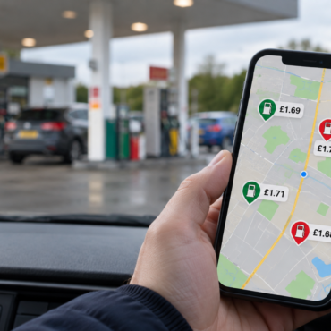 Close-up of a hand holding a smartphone displaying a map with fuel prices at a gas station.