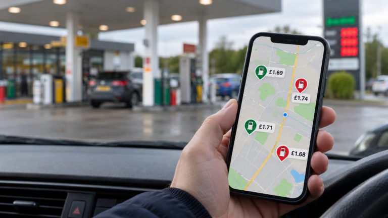 Close-up of a hand holding a smartphone displaying a map with fuel prices at a gas station.