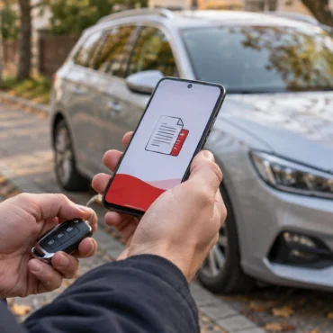 Person holds a smartphone showing a document icon next to a parked silver SUV, keys in hand, autumn street in the background.
