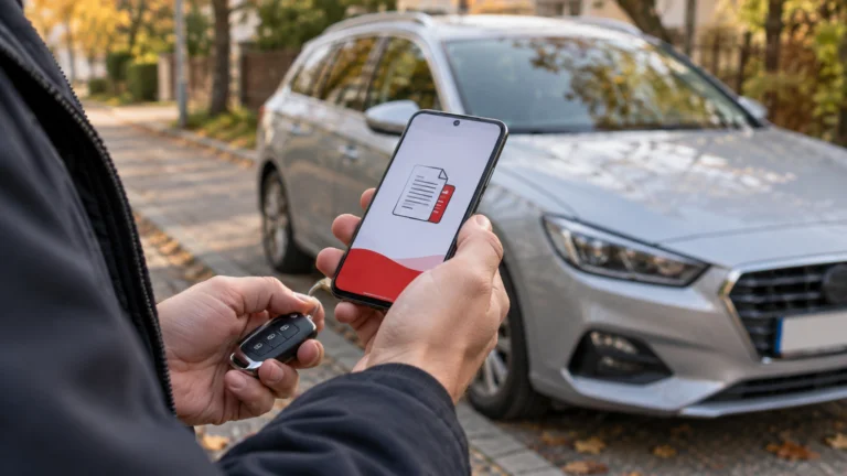 Person holds a smartphone showing a document icon next to a parked silver SUV, keys in hand, autumn street in the background.