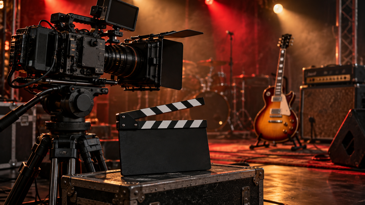 Professional video camera on a tripod aimed at a live concert stage with guitar and drum set in the background, plus stage lights.