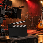 Professional video camera on a tripod aimed at a live concert stage with guitar and drum set in the background, plus stage lights.