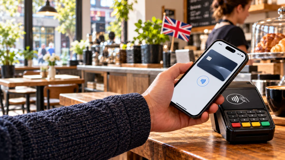 Person holding a smartphone near a contactless payment terminal at a cafe counter, ready to pay.