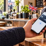 Person holding a smartphone near a contactless payment terminal at a cafe counter, ready to pay.