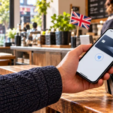 Person holding a smartphone near a contactless payment terminal at a cafe counter, ready to pay.