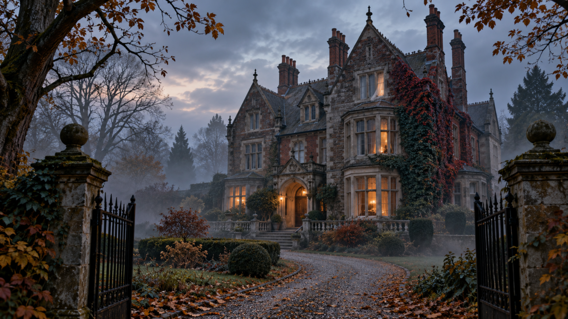 Misty autumn evening at a large ivy-clad stone mansion; warm light glows from the windows.