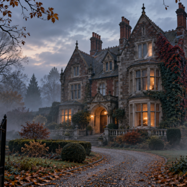 Misty autumn evening at a large ivy-clad stone mansion; warm light glows from the windows.