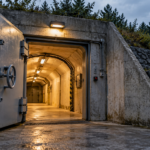 Open heavy metal door revealing a lit concrete tunnel corridor, ajar and warm inside.