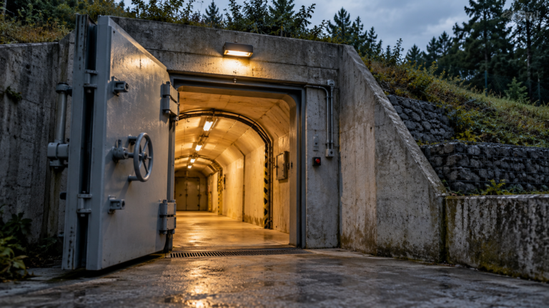 Open heavy metal door revealing a lit concrete tunnel corridor, ajar and warm inside.