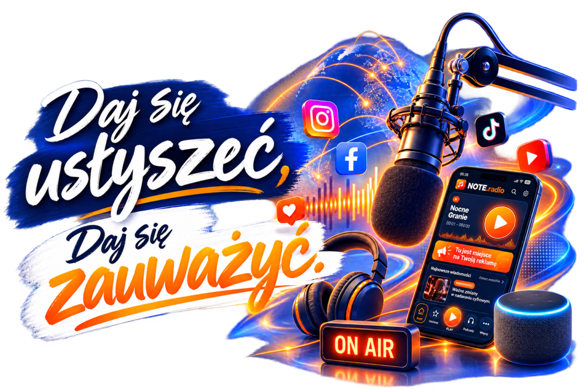 Vibrant podcast studio scene with a microphone, headphones, a smartphone showing a radio app, glowing ON AIR sign, and the Polish slogan 'Daj się usłyszeć, Daj się zauważ'.