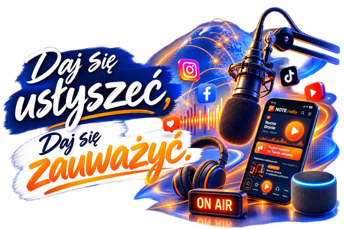Vibrant podcast studio scene with a microphone, headphones, a smartphone showing a radio app, glowing ON AIR sign, and the Polish slogan 'Daj się usłyszeć, Daj się zauważ'.