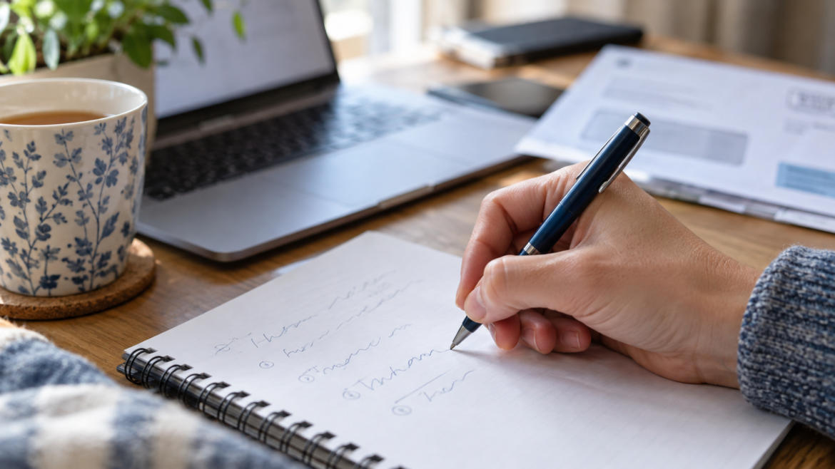 Person writes in a spiral notebook at a wooden desk, with a blue floral mug, laptop, and papers nearby.