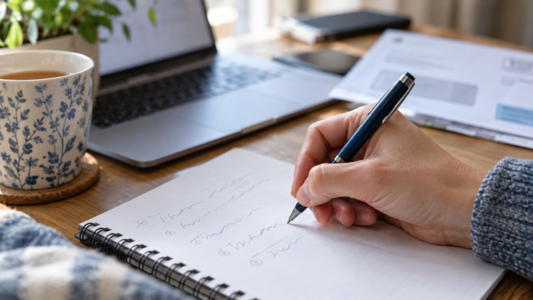 Person writes in a spiral notebook at a wooden desk, with a blue floral mug, laptop, and papers nearby.