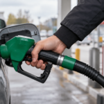 Person fueling a car at a gas station, holding a green nozzle to the fuel inlet of the car's side.