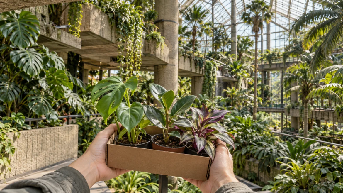 Hands hold a cardboard tray with three potted plants in a greenhouse filled with lush tropical foliage.