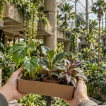 Hands hold a cardboard tray with three potted plants in a greenhouse filled with lush tropical foliage.