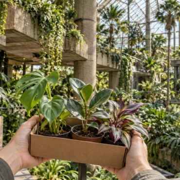 Hands hold a cardboard tray with three potted plants in a greenhouse filled with lush tropical foliage.