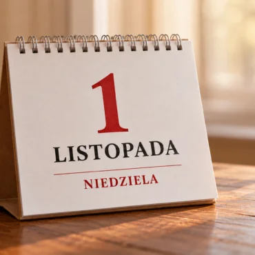 Calendar on a wooden table showing November 1, a Sunday (1 LISTOPADA NIEDZIELA) with a red numeral 1 and black text.