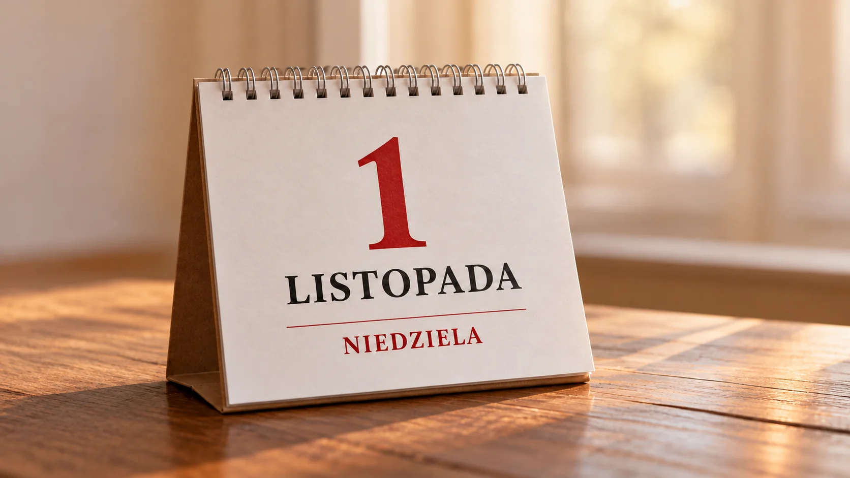 Calendar on a wooden table showing November 1, a Sunday (1 LISTOPADA NIEDZIELA) with a red numeral 1 and black text.