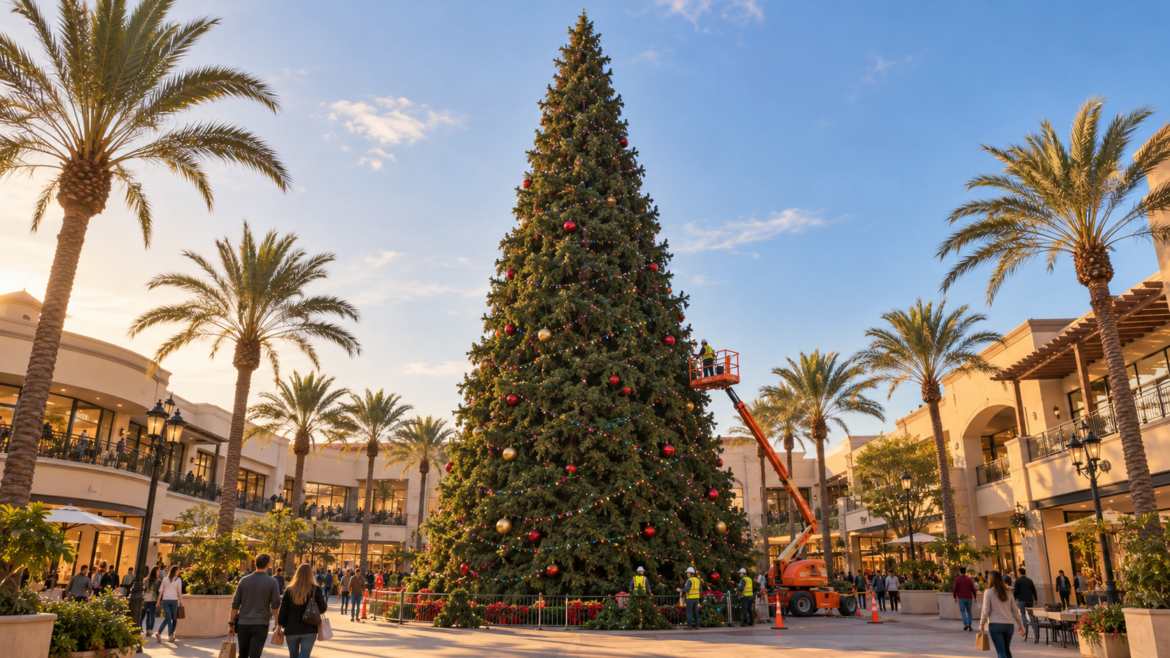 A large Christmas tree in a mall atrium being decorated by workers on a raised platform, surrounded by palm trees and shoppers.