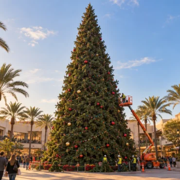 A large Christmas tree in a mall atrium being decorated by workers on a raised platform, surrounded by palm trees and shoppers.