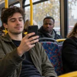 Young man on a city bus looking at his phone while a concerned woman sits beside him in a London street scene