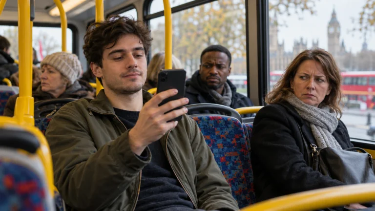 Young man on a city bus looking at his phone while a concerned woman sits beside him in a London street scene