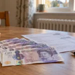 Several £20 banknotes fanned out on a wooden desk with a calculator, pen, and documents near a window.