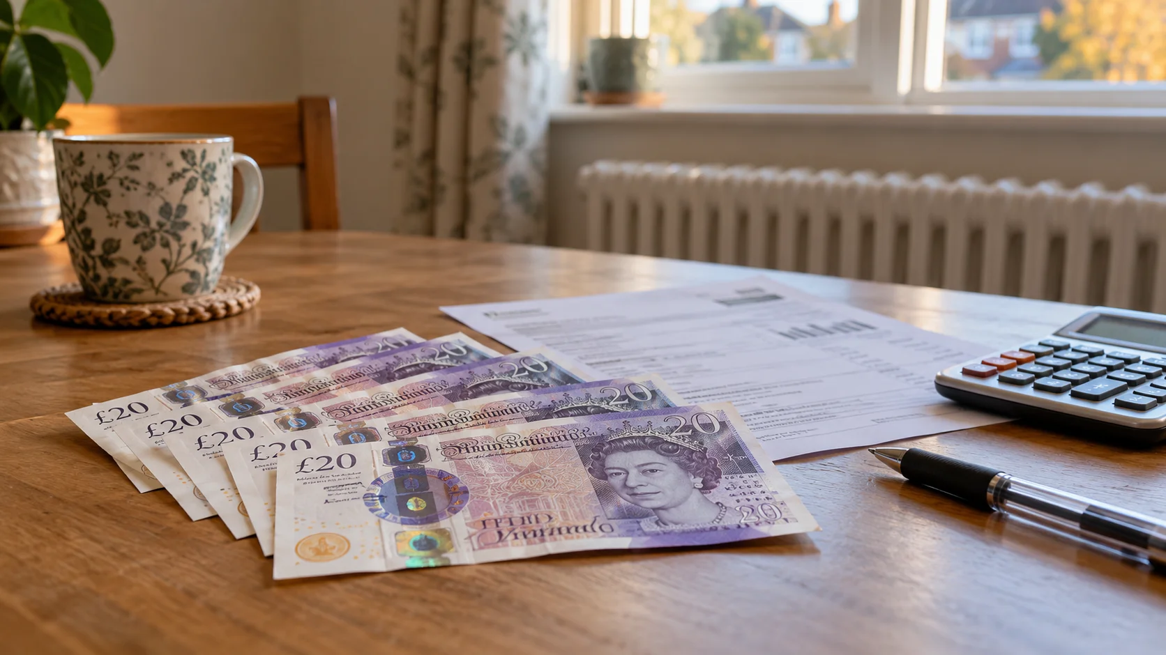 Several £20 banknotes fanned out on a wooden desk with a calculator, pen, and documents near a window.