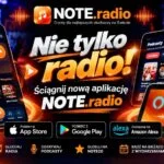Promo image for NOTE.radio app with devices showing the app interface and the slogan 'Nie tylko radio!' in Polish.