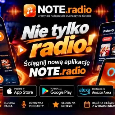 Promo image for NOTE.radio app with devices showing the app interface and the slogan 'Nie tylko radio!' in Polish.