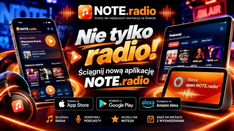 Promo image for NOTE.radio app with devices showing the app interface and the slogan 'Nie tylko radio!' in Polish.