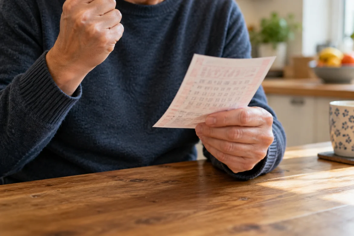 Close-up of a person in a dark sweater holding a pink lottery ticket at a wooden table.
