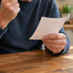 Close-up of a person in a dark sweater holding a pink lottery ticket at a wooden table.
