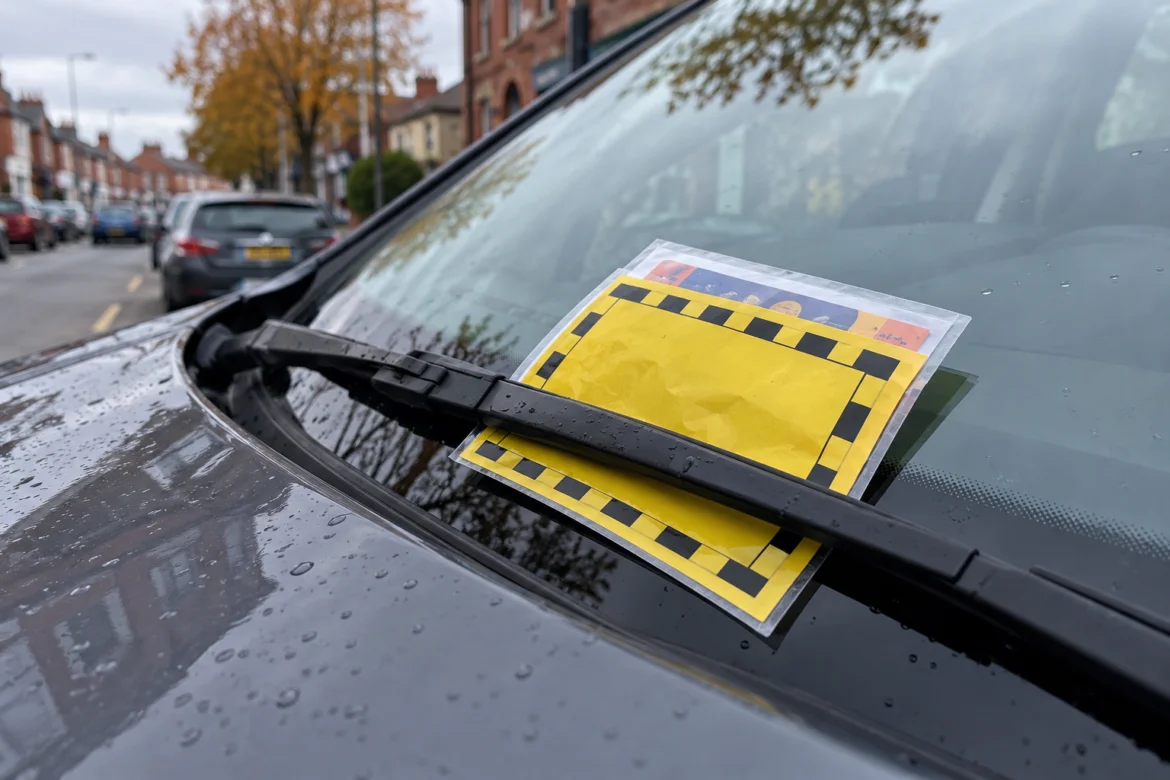 Yellow warning notice placed under the windshield wiper on a parked car in a wet urban street scene