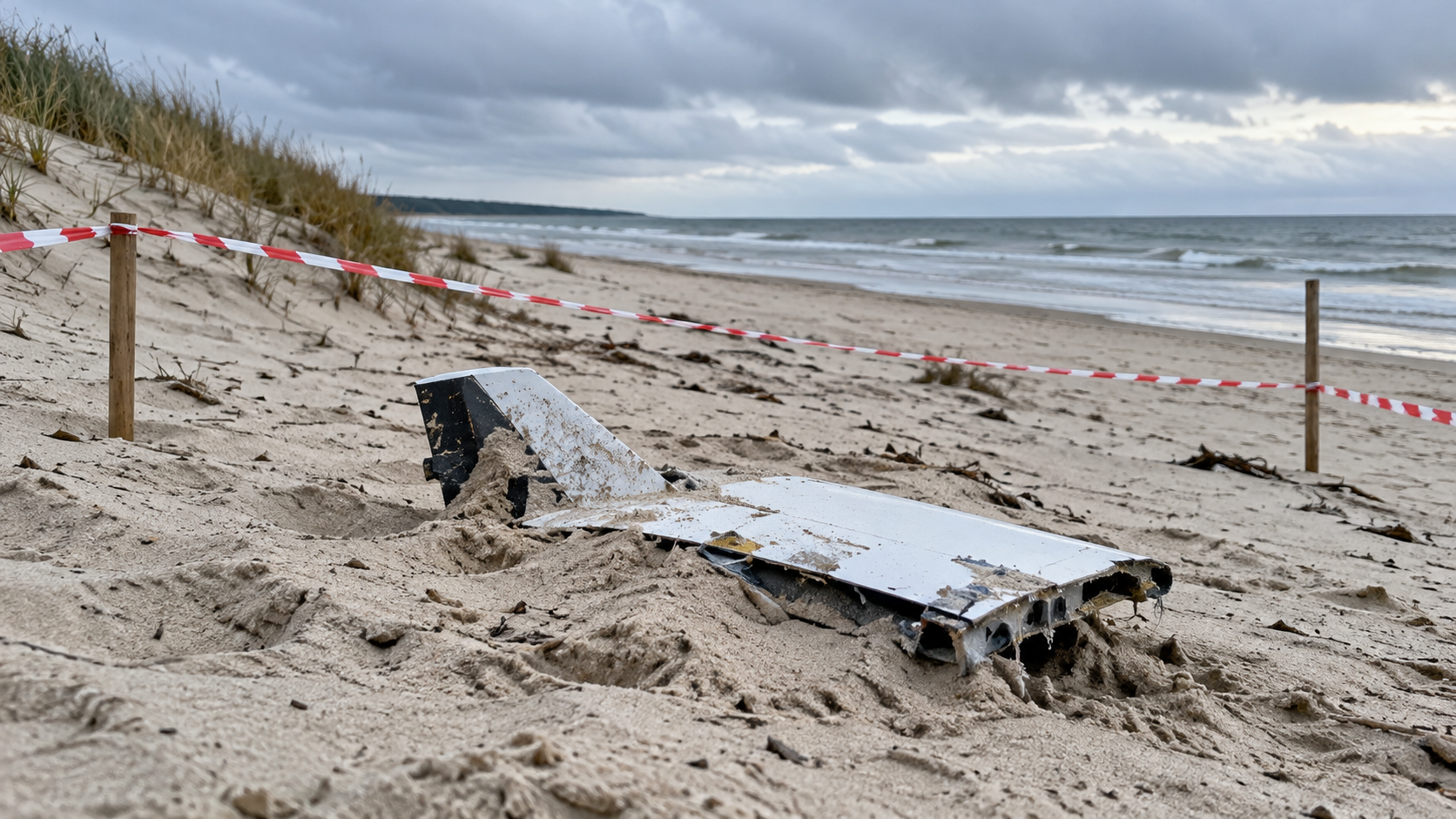 Crumbled metal debris on a sandy beach behind red-and-white caution tape, with dunes and the sea in the distance.