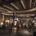 Museum gallery with curved signage reading Past Time and London Story, visitors viewing interactive exhibits and displays in a dim, modern museum hall.