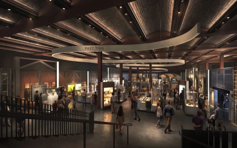 Museum gallery with curved signage reading Past Time and London Story, visitors viewing interactive exhibits and displays in a dim, modern museum hall.