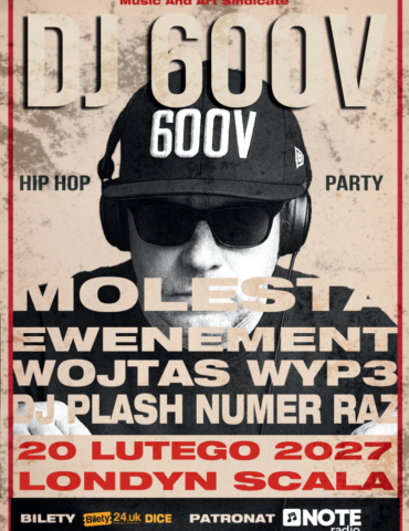 Promotional poster for DJ 600V hip hop party in London on February 20, 2027 at Scala, with sponsor logos.