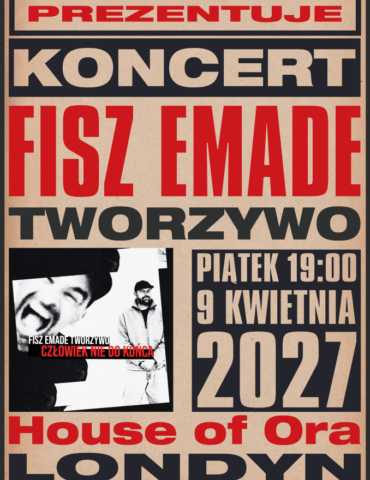 Poster advertising a Polish concert: bold retro design for Fisz Emade Tworzywo, with large red typography and a small black‑and‑white photo, date and venue details included.
