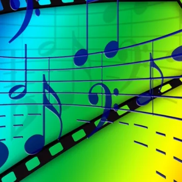 Colorful rainbow background with musical notes and a film strip, suggesting music and cinema.