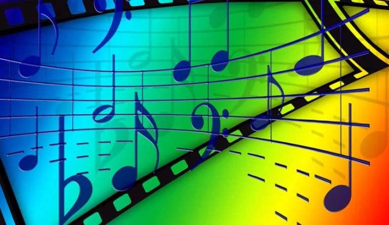 Colorful rainbow background with musical notes and a film strip, suggesting music and cinema.
